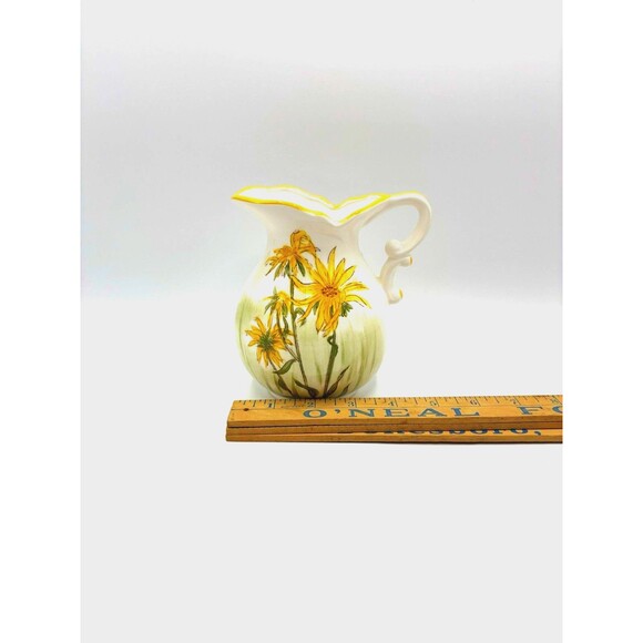 Vintage Enesco Hand painted Ceramic Pitcher White With Yellow Flowers And Green - Picture 7 of 10